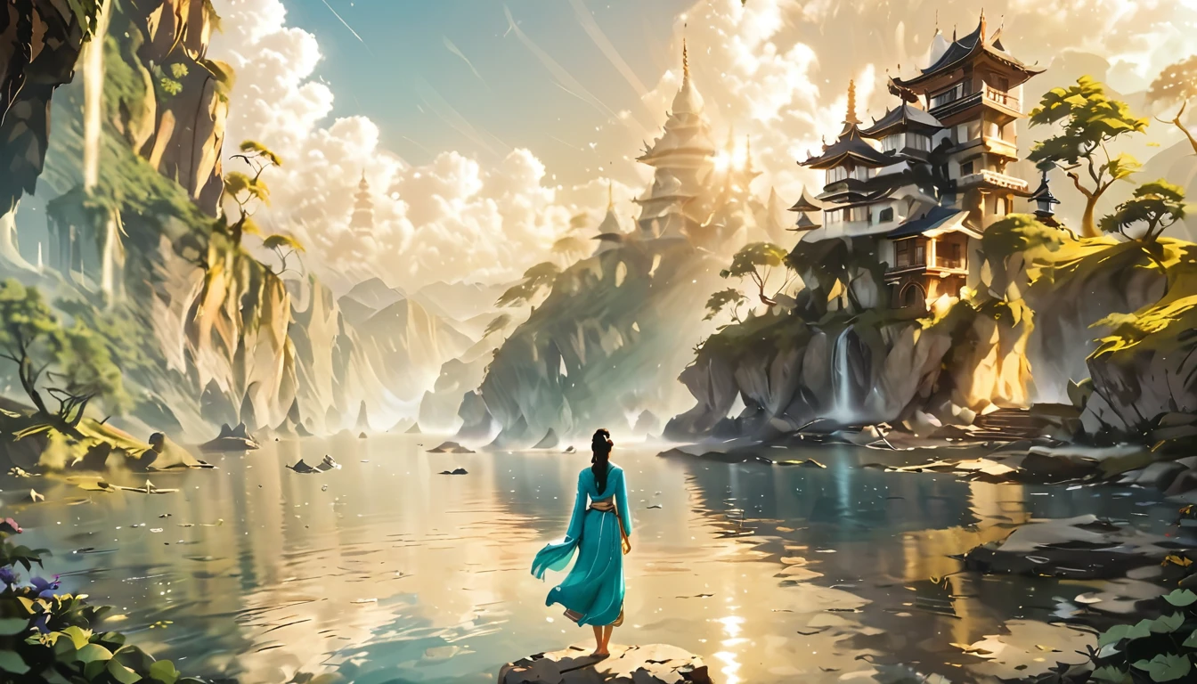 Namaste. Person meditating. Loose Clothes. dreamlike and fantasy world. Feeling of Fullness. details Intricate. cinematic lighting.