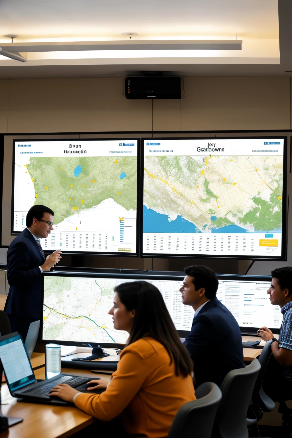 "An interactive workshop on Geographic Information Systems (GIS) in action. Shows a diverse group of people, including men and women, working on laptops, analyzing digital maps and geospatial data. In the background, There are large screens showing topographic maps and data graphs locating Jujuy, argentina. The atmosphere is collaborative and educational, with visual elements such as globes, printed maps and GIS-related technology tools. The title 'GIS Workshop: Explore the World Through Data' is embedded at the top of the image."