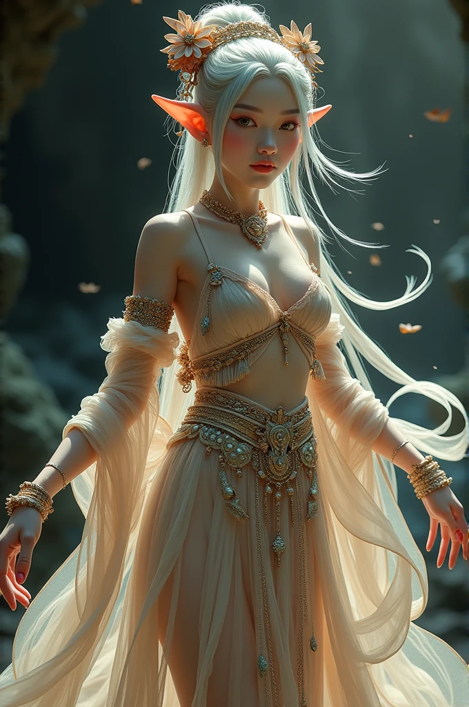 Spirit girl elf, gorgeous costumes embroidered with intricate embroidery, flowing tulle, transparent long colorful ribbons tied on the arms, inspired by Dunhuang Flying Apsaras murals, showing navel, bare shoulders, bare neck, hair in a high bun with flower hairpins, ribbons on arm rings, wreaths, bracelets, anklets, metal chain tassels on the waist, Mogao Grottoes art, ink painting, cgstation pop, in the night cave, ((fullbody))