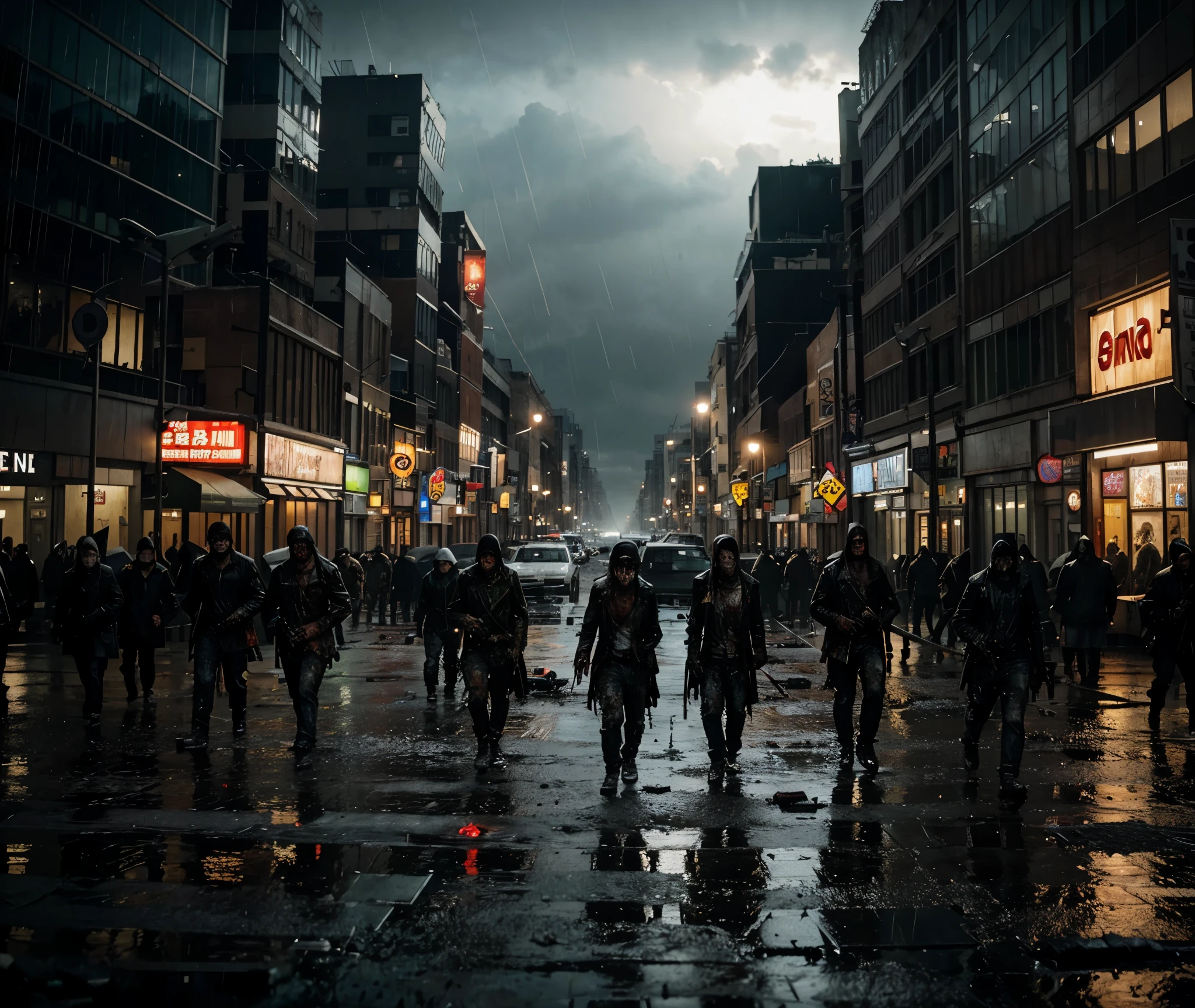 The city looks destroyed, filled with thousands of zombies, clear picture quality, realistic, like real. 4K. Tense atmosphere, rain.