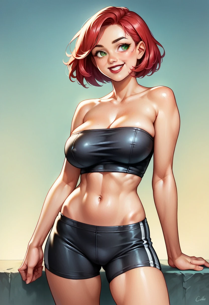 (high-level image quality), (high quality), (high resolution), (detailed), (masterpiece), beautiful woman, ((caucasian)), green eyes, red hair, short hair, dark red lipstick, busty, slender body, Detailed eyes, perfect eyes, Detailed face, black strapless top, sports shorts, smile, looking to side, portrait