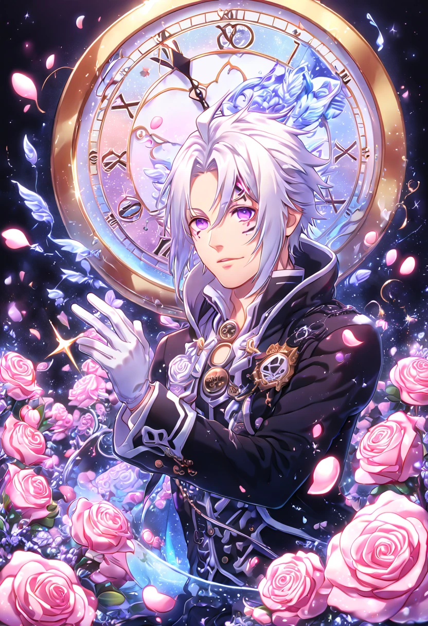 absurdres, highres, ultra detailed, HDR, masterpiece, extremely detailed, Allen Walker, white hair, expressive purple eyes, D.Gray-man, solo, sexy man, handsome, sensual, black coat, white gloves, water, magical, fantasy, glittering, shining, pink roses, blossoms, petals, in woderland, clock, manly man