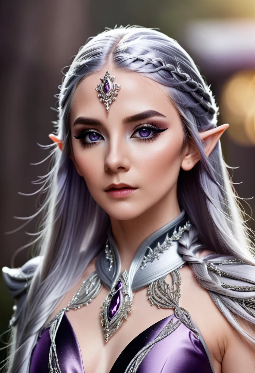 high quality portrait photo of {an elf, silver straight long hair, darker purple skin, lilac eyes, masquerade, black eyeliner, crystal tiara}, serious face, detailed face, skin pores, multi braided, cinematic shot, upper torso close up, silver black royal warrior suit, high collar cloak, left angle shot, left view