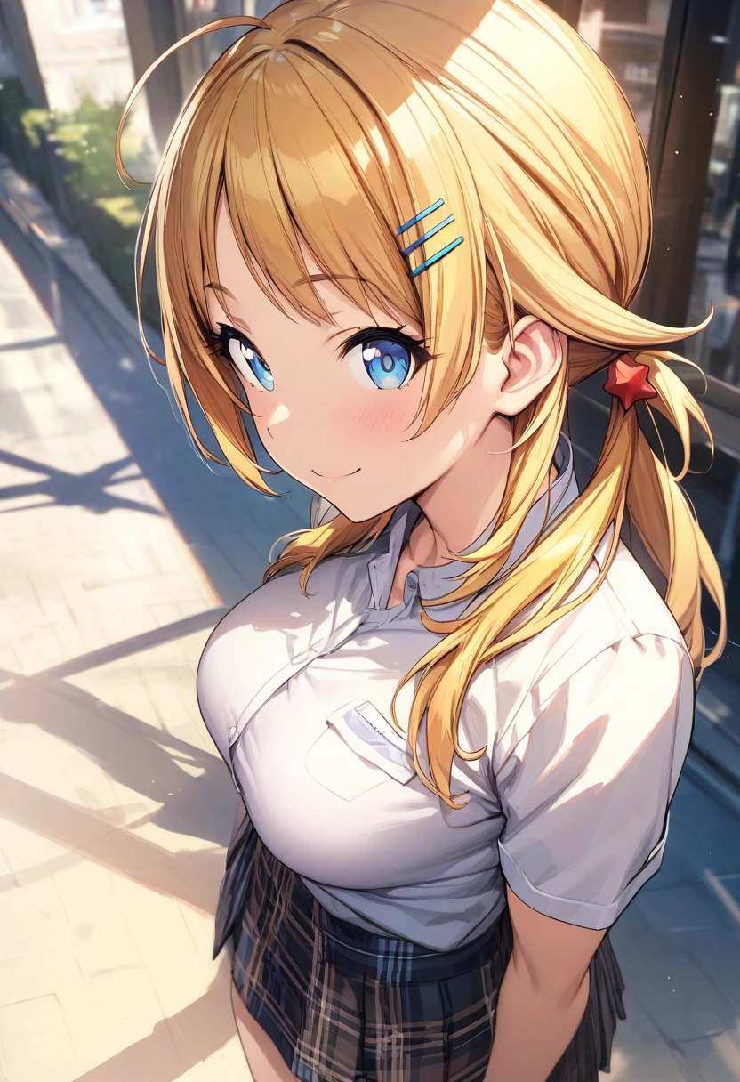 (masterpiece), (best quality), (ultra-detailed), (best illustration), (best shadow), (absurdres), (detailed background), (very aesthetic), meguru hachimiya, 1girl, blonde hair, skirt, solo, blue eyes, hair ornament, smile, plaid, breasts, twintails, plaid skirt, hairclip, looking at viewer, shirt, long hair