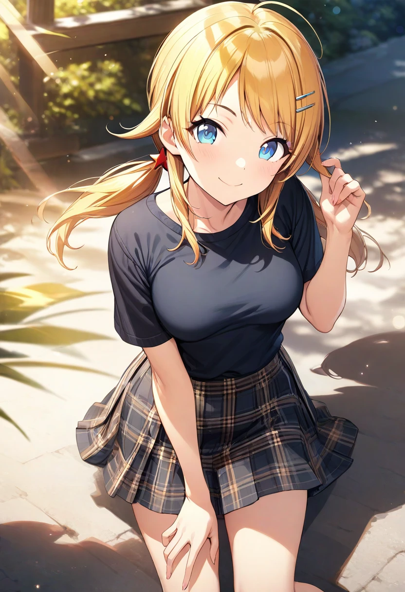 (masterpiece), (best quality), (ultra-detailed), (best illustration), (best shadow), (absurdres), (detailed background), (very aesthetic), meguru hachimiya, 1girl, blonde hair, skirt, solo, blue eyes, hair ornament, smile, plaid, breasts, twintails, plaid skirt, hairclip, looking at viewer, shirt, long hair