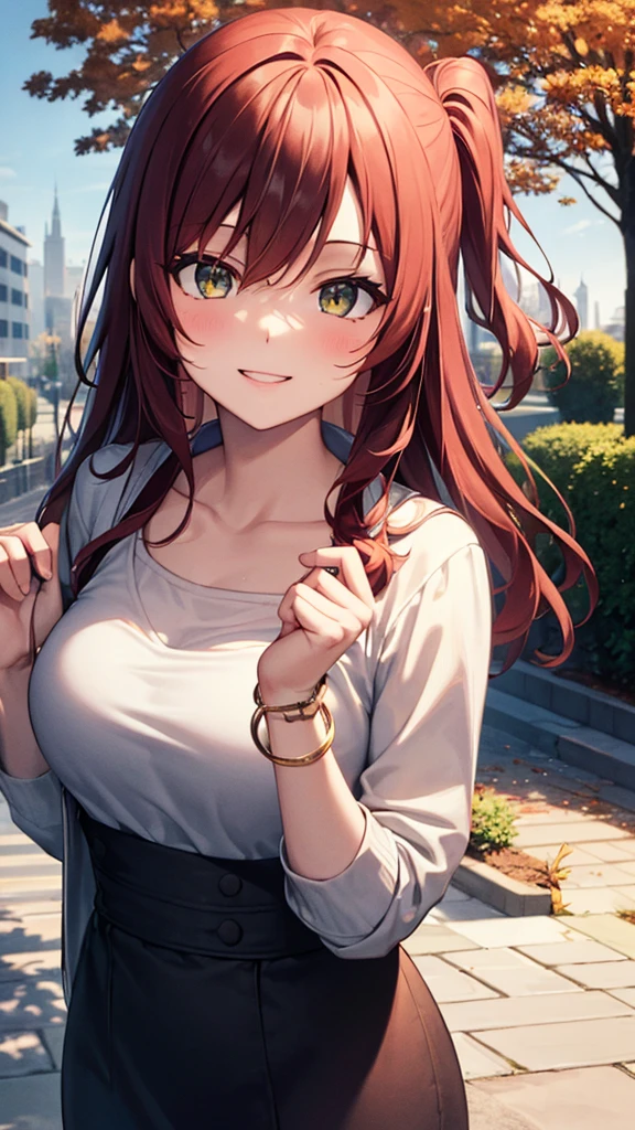 masterpiece, best quality, high detail, 1girl, beautiful woman, wavy hair, dark brown hair, low ponytail, messy hair, hair ornament, large bust, red winter jacket, long black skirt, boots, white scarf, bracelet, collarbone, autumn, trees, leaves on ground, park, garden, stone, sidewalk, upper body, looking at viewer, light smile, atmospheric, moody