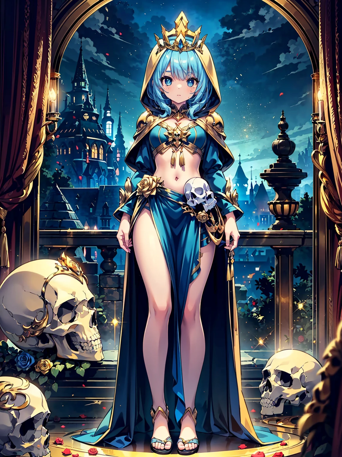 16kK, A high resolution, Best quality at best, masterpiece, perfect colors, perfect shadow, perfect litthing, girl, fit-muscled body, bright yellow eyes,dark blue hair , blue eyes, With round lenses, The audience watched carefully, (s face: 1.2), Perfect female figure, ((standing)), ((beautiful queen in gold dress suite, tight crop top, wraping in luxurious gold hooded robes, gold roses and skull adorn her cloth, (tiara,roses,skull ornamental, black,dark))), ((shy and looking at viewert)), (Perfect thick white eyebrows) Delicate fur, Details face, s the perfect face, At a fantasy dark city , (model pose standing), energetic background, perfect dark city skyscape, lighting atmosphere, ((Bonifasko lighting)), (The round lenses on his eyes)(Detailed eyes), Perfect student, ((full body view))