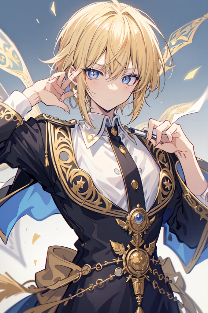 초상화, Face_through_torso, arcanepunk, 1male character, Solo, royalty(prince), light blonde hair(short hair, messy, layered, tousled), benevolent_face(sky_blue_eyes(spade shaped_pupils), sharp eyes, half closed_eyes), prince outfit, white, royal, elegant, ornate, gold trim, intricate details, high collar, epaulettes, tailored fit, regal, formal, sophisticated