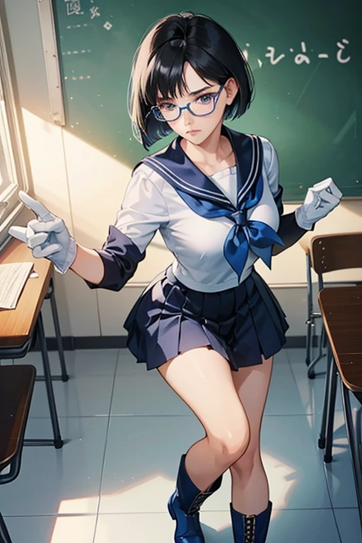 A black-haired, bob-cut, glasses-wearing mature woman dressed as Sailor Mercury in white gloves and blue boots with a displeased look on her face in the classroom　Thick eyebrows