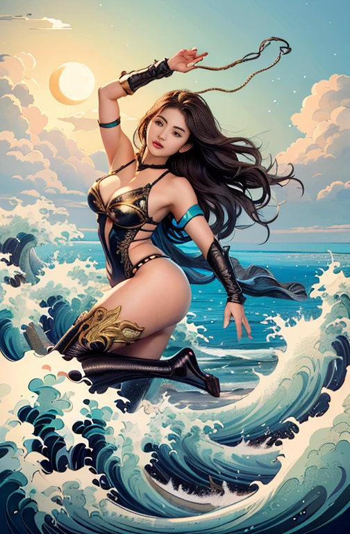 An Atlantean female warrior stands on the beach, amidst the sound of the waves and the raging storm. She has an Asian beauty, her long, silky black hair fluttering in the sea breeze. This female warrior wears a graceful armor that hugs her strong and toned body, highlighting her charming and majestic beauty. She holds a shining sword in her hand, symbolizing strength and courage. This character is inspired by the gods of the sea, with divine beauty and power, like a sea goddess or a female version of Poseidon. Her appearance is a perfect combination of softness, elegance and the strength and resilience of a true warrior. She exudes the beauty of a goddess, reminiscent of female characters in ancient myths and epics .