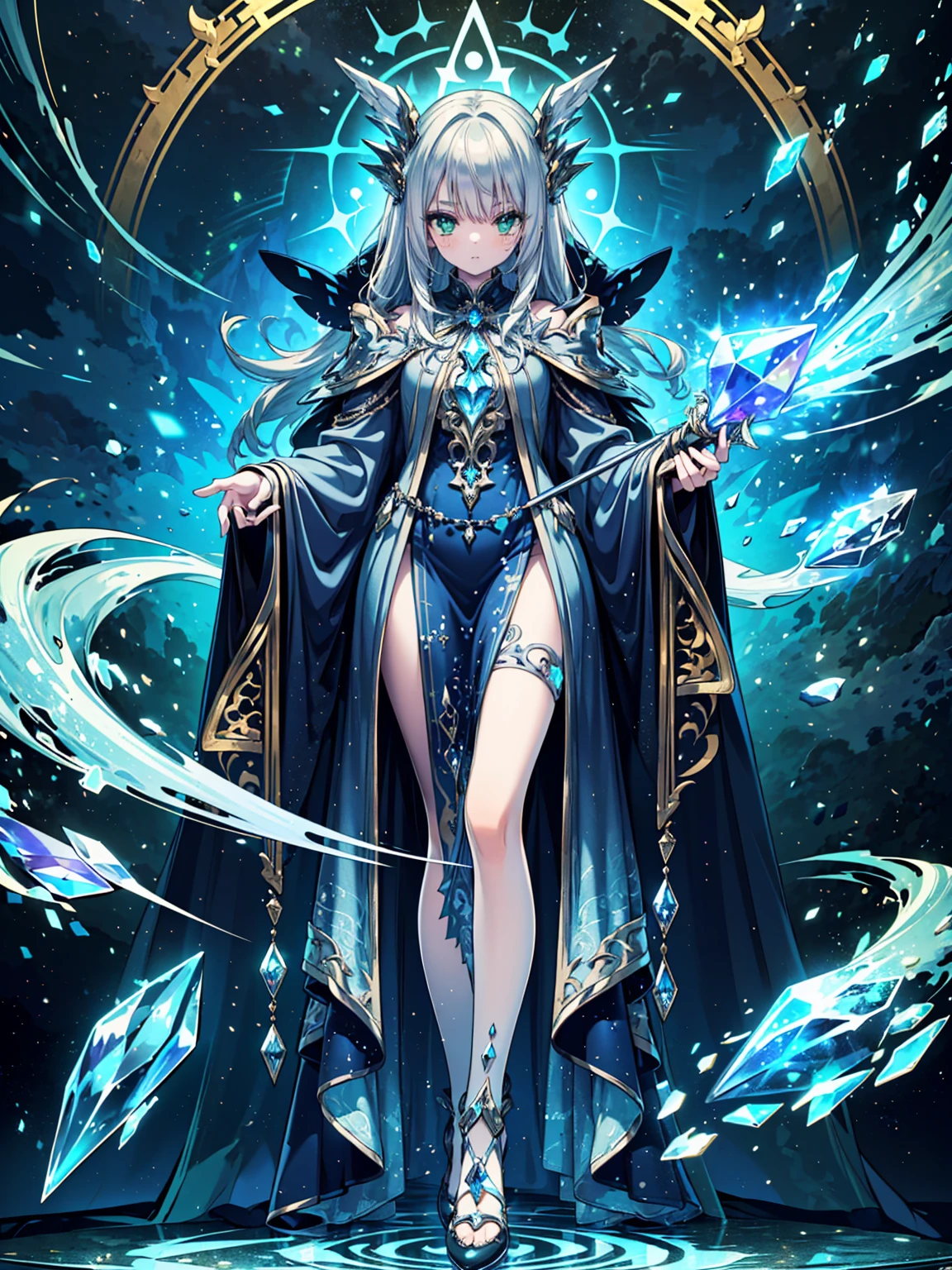 (((masterpiece, best quality, high detailed, 16k))) (1girl) A stunningly elegant young mage with long flowing silver hair and captivating green eyes. She wears intricately detailed robes in shades of deep blue and silver, adorned with mystical runes and symbols. She holds a beautifully crafted staff with a glowing crystal at the top. ((full body view))


