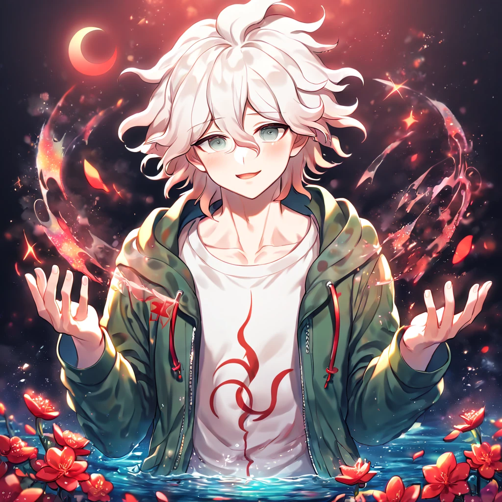 absurdres, highres, ultra detailed, HDR, master piece, Komaeda Nagito, white hair, expressive light green-grey eyes, green long coat with hoodie, white shirt, Danganronpa, sexy man, handsome, best quality, red glittering crescent moon, red flowers, fantasy, magical, solo, water, red shining fireflies, red petals, sensual, horny, manly man,