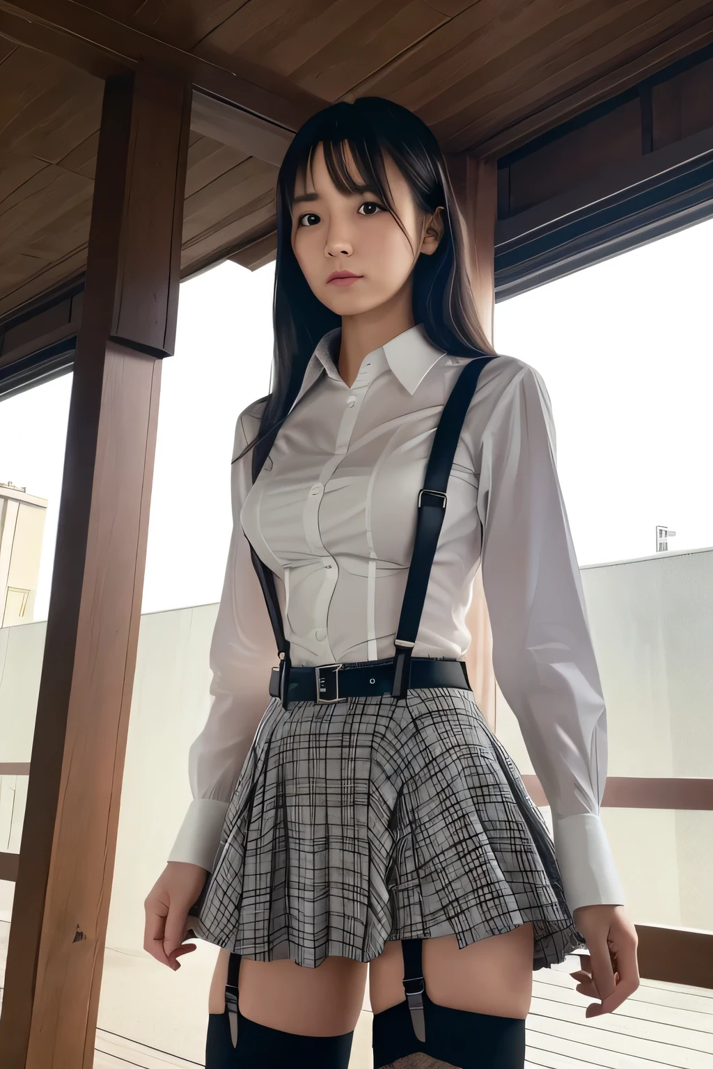 1 female, , high quality, masterpiece, Ultra-high resolution, Cinema Lighting, 1 female, , high quality, masterpiece, Ultra-high resolution, , Cinema Lighting, suspenders Moderate breasts Small face Looking up Sweat Thin belt buzzer 脇Sweat Garter belt Belt on pants holster Hands behind your back Looking up Anxious face Knee-high Knee socks Knee-highソックス garter ふとももにGarter belt Checkered mini skirt Panty shot Skirt gap Armament holster holster Hands behind your back Anxious expression Anxious face, legs apart Armament Leg holster holster See-through clothing heavy rain Rain-soaked dress shirt,