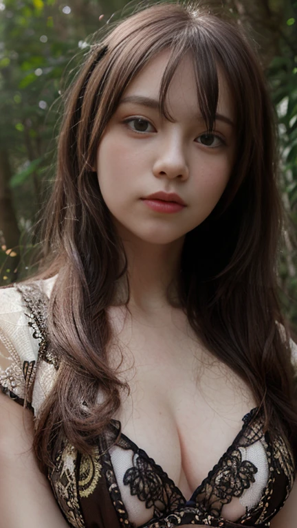 a cute girl, extremely detailed, very realistic, very sharp, hyperrealistic, hyper realistic, long hair, random pose, fantasy forest, glowing eyes, detailed face, intricate dress, delicate features, warm lighting, vibrant colors, cinematic composition
