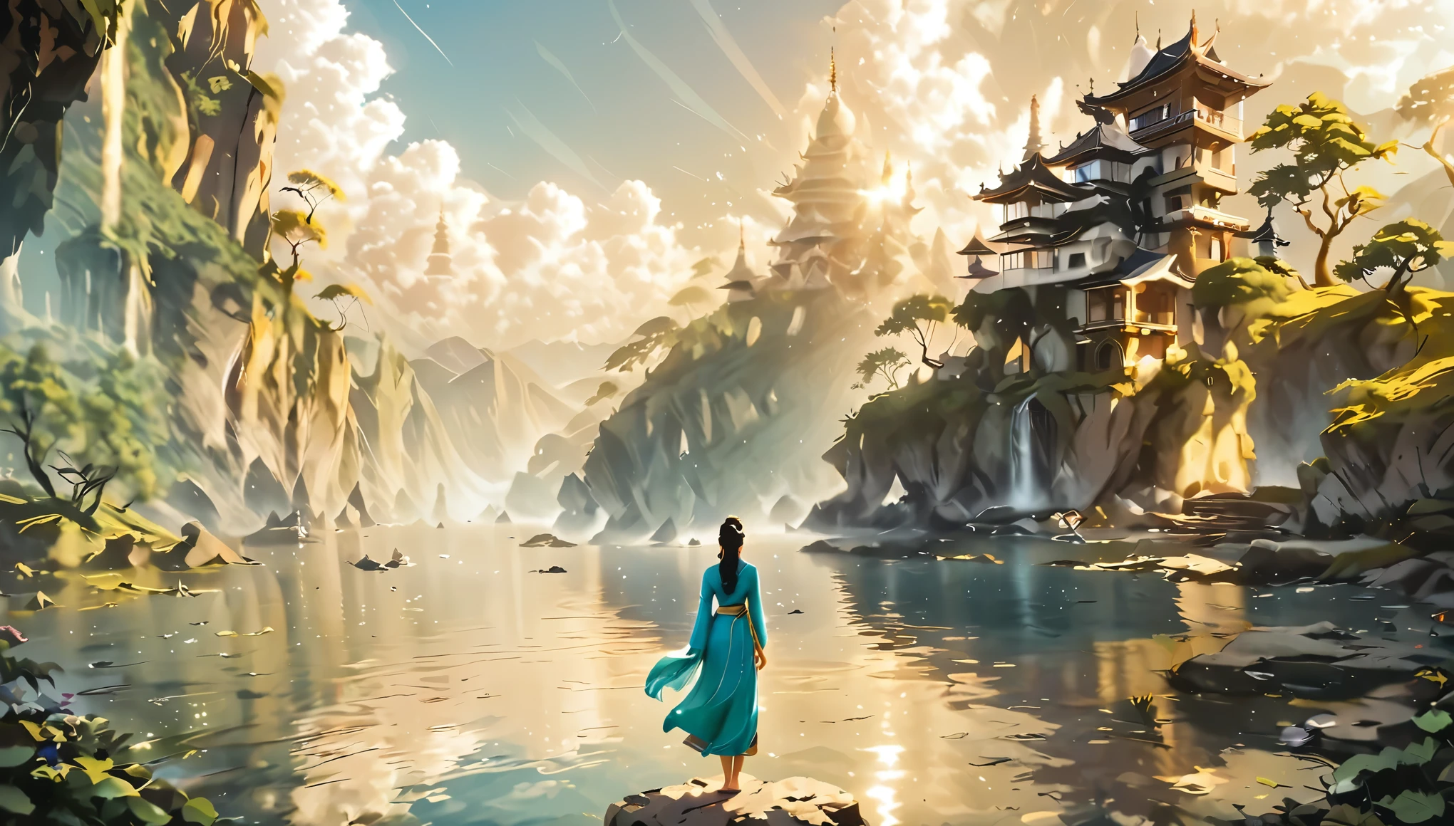 Namaste. Person meditating. Loose Clothes. dreamlike and fantasy world. Feeling of Fullness. details Intricate. cinematic lighting.