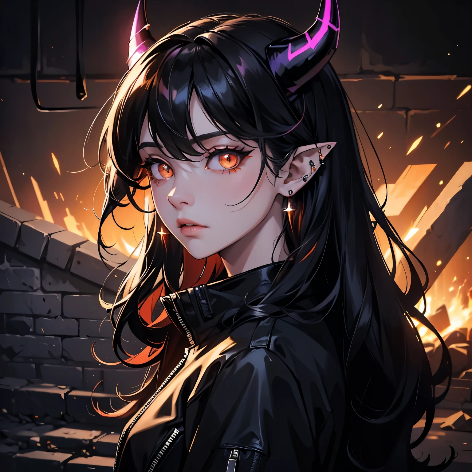blacklightdskStyle, 1girl, solo, long hair, looking at viewer, bangs, black hair, hair between eyes, jewelry, closed mouth, jacket, upper body, multicolored hair, earrings, horns, pointy ears, from side, orange eyes, glowing, piercing, slit pupils, demon horns, ear piercing, glowing eyes, brick wall, masterpiece, official art, absurdres, 32k UHD, 4 point perspective, vantage point, CosmiEyes
