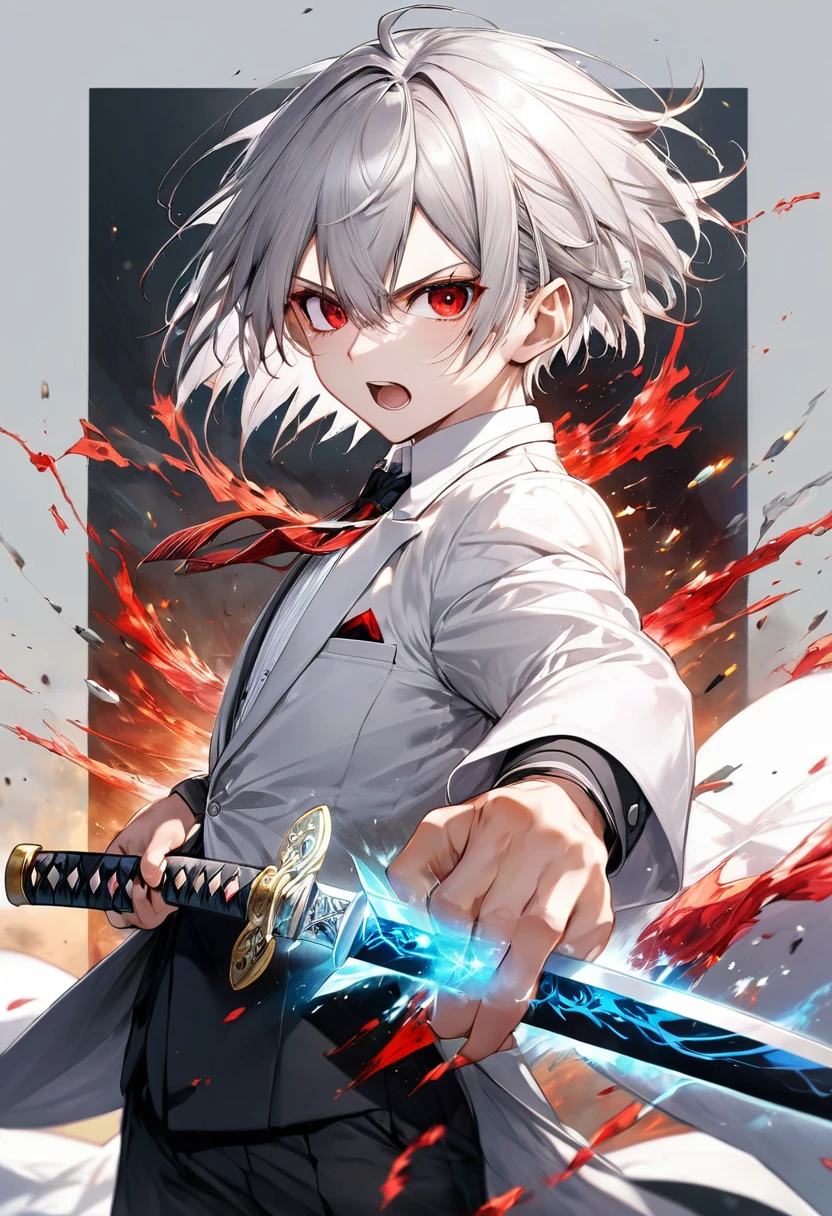 (hard battle style) (hand holding japanese long sword) (long sword with double exposure frame), (best quality pose Ready sword) (solo:2, 16 yo) (detailed cool crew cut silver hair very short hair) (smart divine sword fighter boy) (detailed cool red eyes) (cool angry face), in a butler suit with wind effect, break, in the battle open field, background black, BREAK, perfect anatomy, masterpiece, best quality, 16k, beautiful detailed grow, daydreaming expression. 