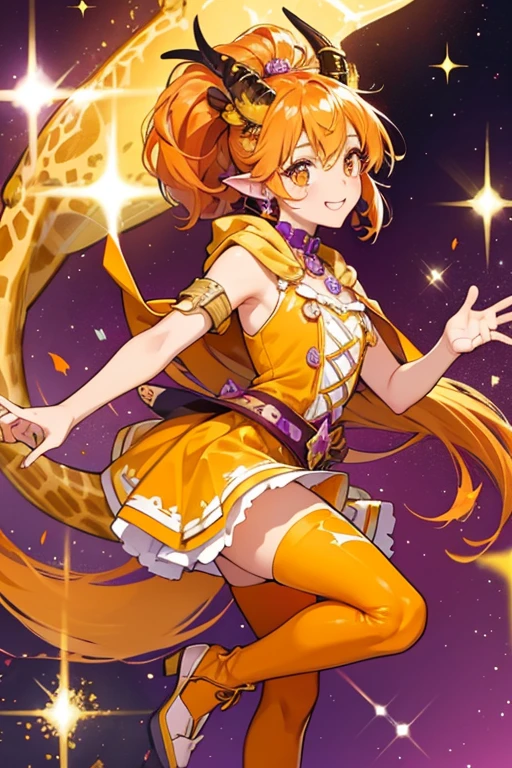 Juju is an orange and yellow girl giraffe with purple cheeks, hooves, ears and horns. SPARKLE; GLITTER