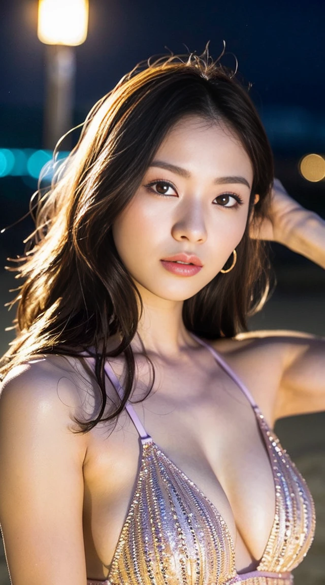 Dark brown hair、Light brown eyes、Japanese actress、 Lady、I am about 40 years old...、(Intricate details:1.2)、(Which is higher???:1.4)、 (Ultra-high resolution:1.2)、Ultra-high resolution、(fine adjustment)、(Detailed facial features)、Hmph、8k resolution、D cup size breasts、Long Hair、ハワイのBeach、ハワイのOcean、どこまでも続く空色のOcean、Shirahama、、Extravagant space、relax、、,Full body photo、Head to toe shot、Beautiful feet、Pink Swimsuit one piece、Beachベッドに座ってトロピカルジュースを飲む、Beachベッドにもたれかかる、Beachベッドに横たわって、Palm treeが背景に見えます、Fashion Hub, Extremely detailed, Very detailed, Realistic, sand時計本体, Obscene pose,、diagonally from below、please lift your chin、relaxした表情、), ((Intricate detailsな背景, Beach, sand, Ocean, outside, Palm tree, dawn, Moody lighting, Warm lighting, Dim lighting, Bonfire, Night Sky)),