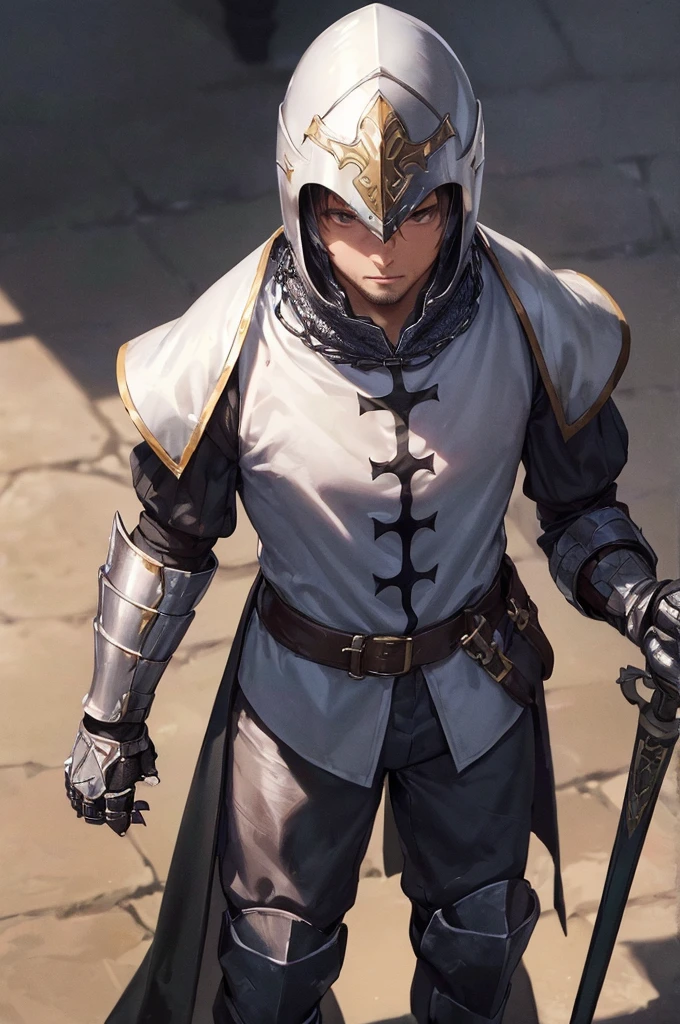 (masterpiece; best quality: 1.2), ((1 man)), ((solo)), (body shape; toned, lean, masculine: 1.3), (beautiful and clear background: 1.2), ((depth of field)), (equipment: templar + surcoat with cross + chainmail shirt + closed helmet + gauntlets + sturdy pants + greaves + black cloak : 1.3), (anime illustration: 1.2), (background composition; garden + plants: 1.1), (shot composition; standing + centered on torso + close-up: 1.5)