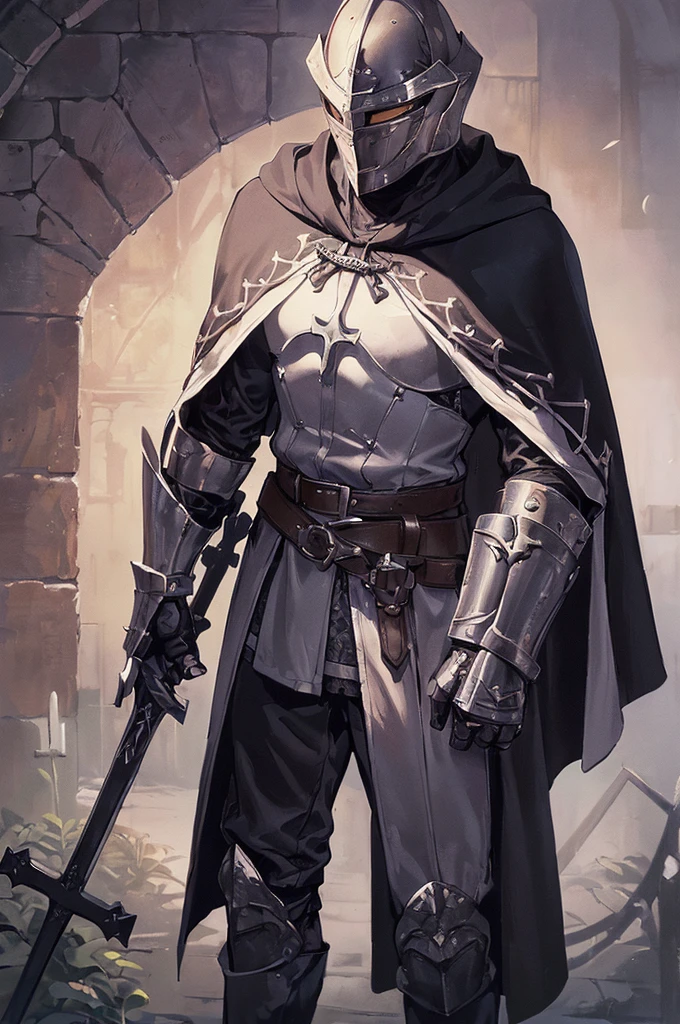 (masterpiece; best quality: 1.2), ((1 man)), ((solo)), (body shape; toned, lean, masculine: 1.3), (beautiful and clear background: 1.2), ((depth of field)), (equipment: templar + surcoat with cross + chainmail shirt + closed helmet + gauntlets + sturdy pants + greaves + black cloak : 1.3), (anime illustration: 1.2), (background composition; garden + plants: 1.1), (shot composition; standing + centered on torso + close-up: 1.5)