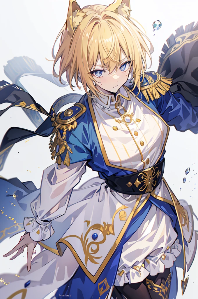 초상화, Face_through_torso, arcanepunk, 1male character, Solo, royalty(prince), light blonde hair(short hair, messy, layered, tousled), benevolent_face(sky_blue_eyes(spade shaped_pupils), sharp eyes, half closed_eyes), prince outfit, white, royal, elegant, ornate, gold trim, intricate details, high collar, epaulettes, tailored fit, regal, formal, sophisticated