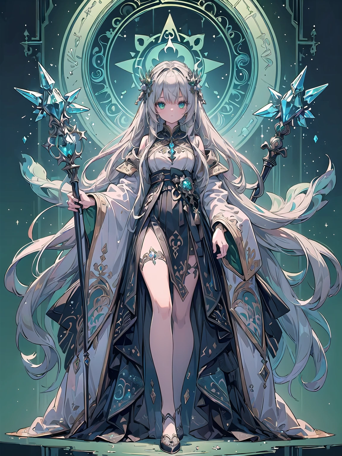 (((masterpiece, best quality, high detailed, 16k))) (1girl) A stunningly elegant young mage with long flowing silver hair and captivating green eyes. She wears intricately detailed robes in shades of deep blue and silver, adorned with mystical runes and symbols. She holds a beautifully crafted staff with a glowing crystal at the top. ((full body view))