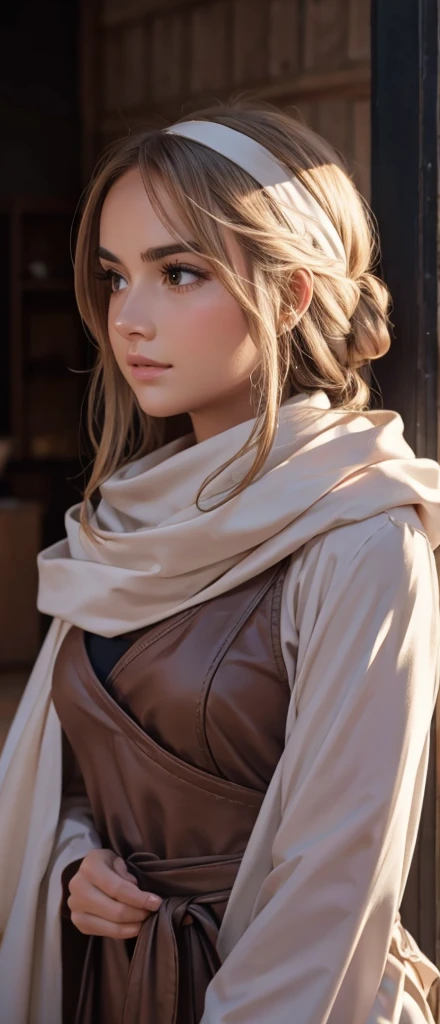 a beautiful girl , standing alone with a cowl headband, profile view looking at the viewer, extremely detailed eyes and face, masterpiece, best quality, high resolution, photorealistic, ultra-detailed, intricate details, delicate features, soft lighting, warm color tones, elegant, feminine, graceful, serene expression