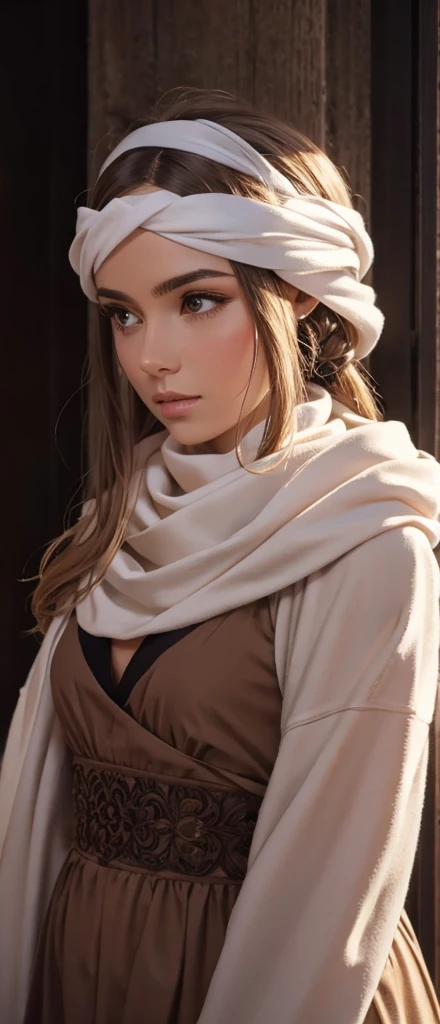 a beautiful girl , standing alone with a cowl headband, profile view looking at the viewer, extremely detailed eyes and face, masterpiece, best quality, high resolution, photorealistic, ultra-detailed, intricate details, delicate features, soft lighting, warm color tones, elegant, feminine, graceful, serene expression