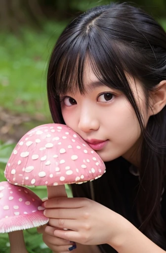 A beautiful girl eating a mysterious pink mushroom