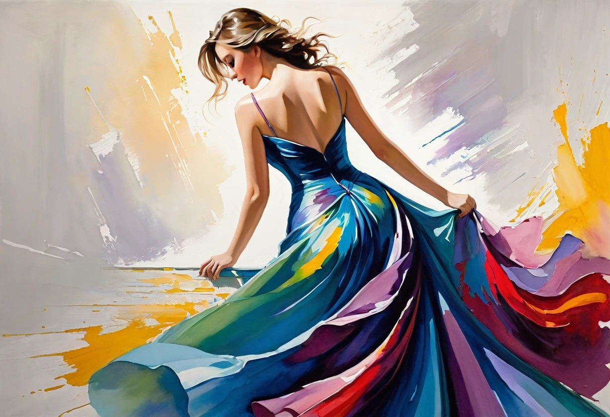 A captivating, vibrant painting of a woman's figure, seen from a perfect angle that highlights her beauty. She is dressed in an elegant, flowing gown that accentuates her curves. The intensity of the colors and the brushstrokes that create her silhouette. The overall ambiance of the painting evokes a sense of romance, passion, and the feelings of love at first sight.