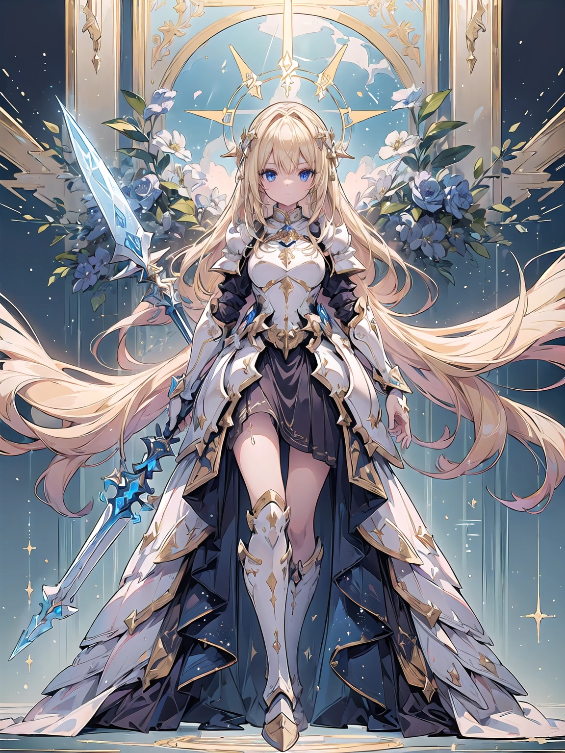 (((Masterpiece, best quality, 16k))) female character with long blonde hair and bright blue eyes. She wears a celestial armor in white, gold, and blue. wields a divine spear. The character has a determined expression, with a heavenly realm as the background. ((full body front view)). ((slender)), (extremely detailed:1.5), (long blonde hair:1.2), (bright blue eyes:1.2), (heavenly realm:1.1), (celestial armor:1.3), (divine spear:1.3).