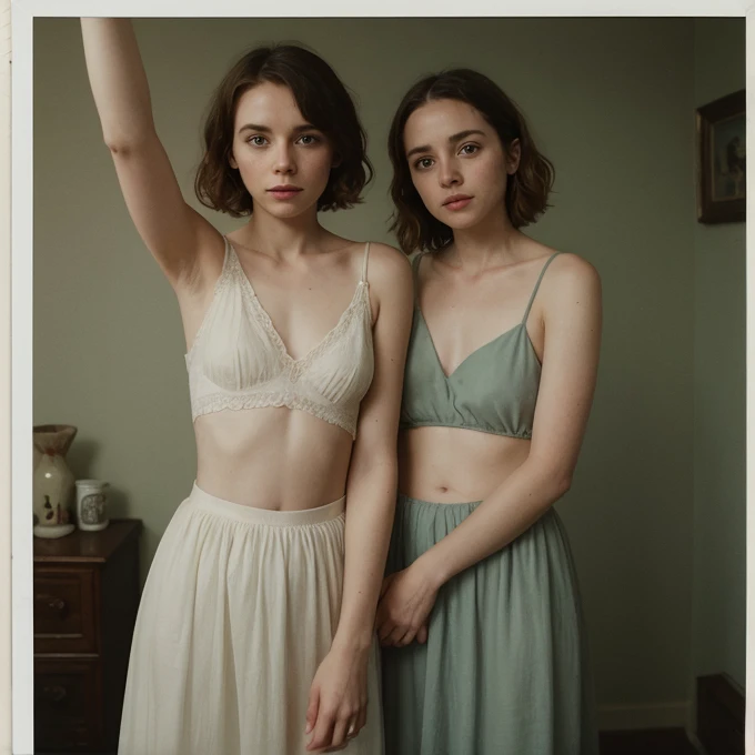 Sophia Lillis,, Soft belly, elegant, Open your mouth, Selfie , Long braids,whole body 、Beautiful old room、Relaxed atmosphere、mysterious、Old Polaroid Film、Bright light、Professional photos、private、Intimate atmosphere、Two people in love、A rich variety of colors、Color、