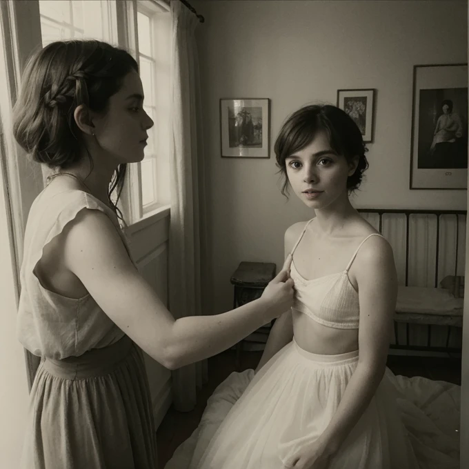 Sophia Lillis,, Soft belly, elegant, Open your mouth, Selfie , Long braids,whole body 、Beautiful old room、Relaxed atmosphere、mysterious、Old Polaroid Film、Bright light、Professional photos、private、Intimate atmosphere、Two people in love、A rich variety of colors、Color、