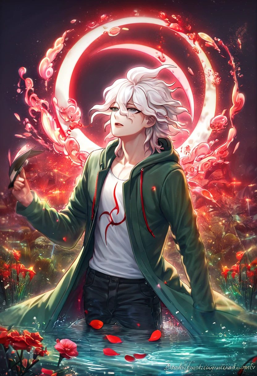 absurdres, highres, ultra detailed, HDR, master piece, Komaeda Nagito, white hair, expressive light green-grey eyes, green long coat with hoodie, white shirt, Danganronpa, sexy man, handsome, best quality, red glittering crescent moon, red flowers, fantasy, magical, solo, water, red shining fireflies, red petals, sensual, horny, manly man, black pants