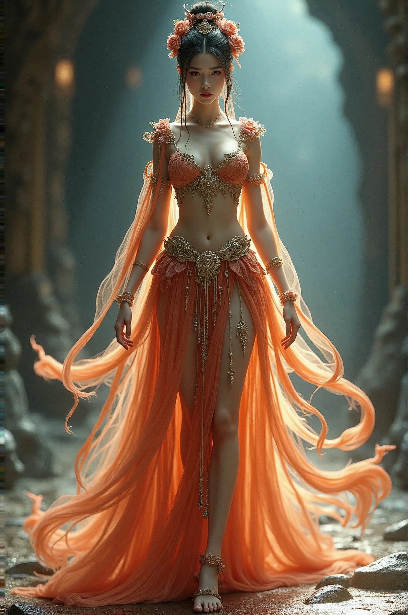 Spirit girl elf, gorgeous costumes embroidered with intricate embroidery, flowing tulle, transparent long colorful ribbons tied on the arms, inspired by Dunhuang Flying Apsaras murals, showing navel, bare shoulders, bare neck, hair in a high bun with flower hairpins, ribbons on arm rings, wreaths, bracelets, anklets, metal chain tassels on the waist, Mogao Grottoes art, ink painting, cgstation pop, in the night cave, ((fullbody))