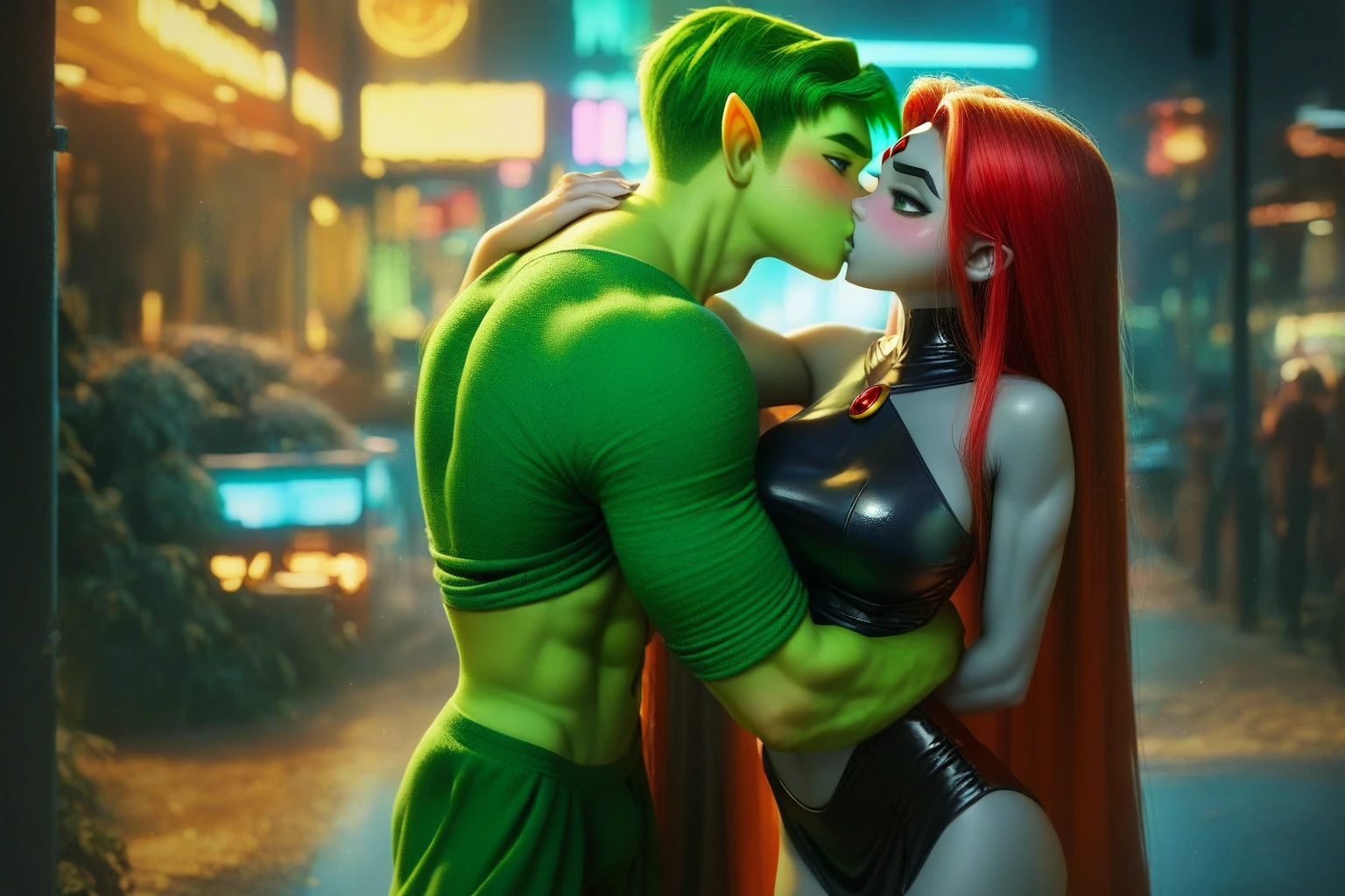 kiss, hetero, couple, romantic, neon, cheating, detailed face, detailed body, bedroom. beast boy (teen titans), green haired male, green eyes, green skinned muscular male, clothed male. stafire (teen titans), muscular female, statuesque, slim, curvy, fit, narrow waist, small waist, wide hips, big breasts, sexy, sensual, orange skinned female, colored skin, long red hair
