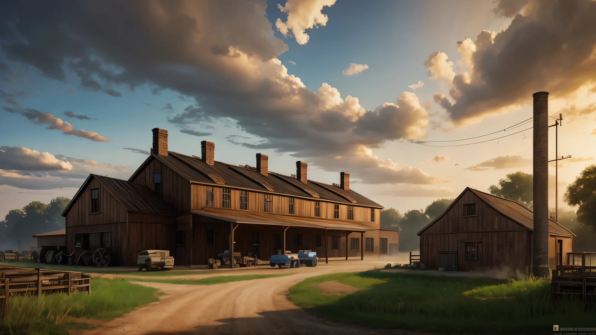 The farmhouse reimagined as an industrial revolution-era factory with smokestacks, machinery, and a bustling atmosphere. Style of H R Giger. Hyper realistic photo, vibrant colors, 16k