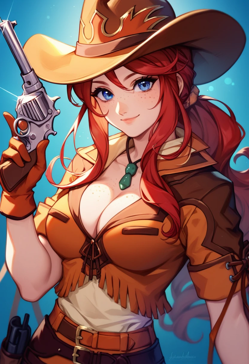 score_9, score_8_up, score_7_up, very aesthetic, source_anime, detailed, high quality, beautiful, masterpiece, detailed eyes,
(Simple dark background), blurry background,
cowboy shot, upper body, (light smile), facing the viewer, looking at the viewer, 
gemini sunrise, red hair, long hair, blue eyes, freckles, sidelocks, big breasts, cleavage,
belt, thigh strap, cowboy hat, cowboy boots, fringe trim, gloves, miniskirt, (revolver gun), zPDXL