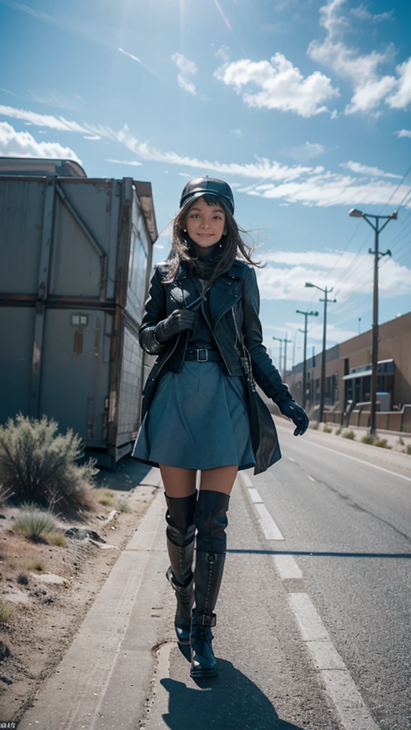 Smiling girl with blue eyes and black leather coat gloves and a skirt , on the highway, wasteland, arizona, lot 66, and the photo is taken from the front 4k, 8k hyper-detailed