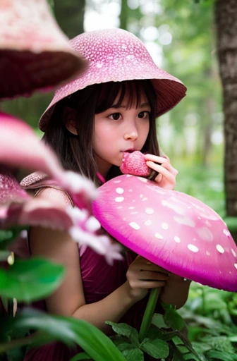 A beautiful girl eating a mysterious pink mushroom