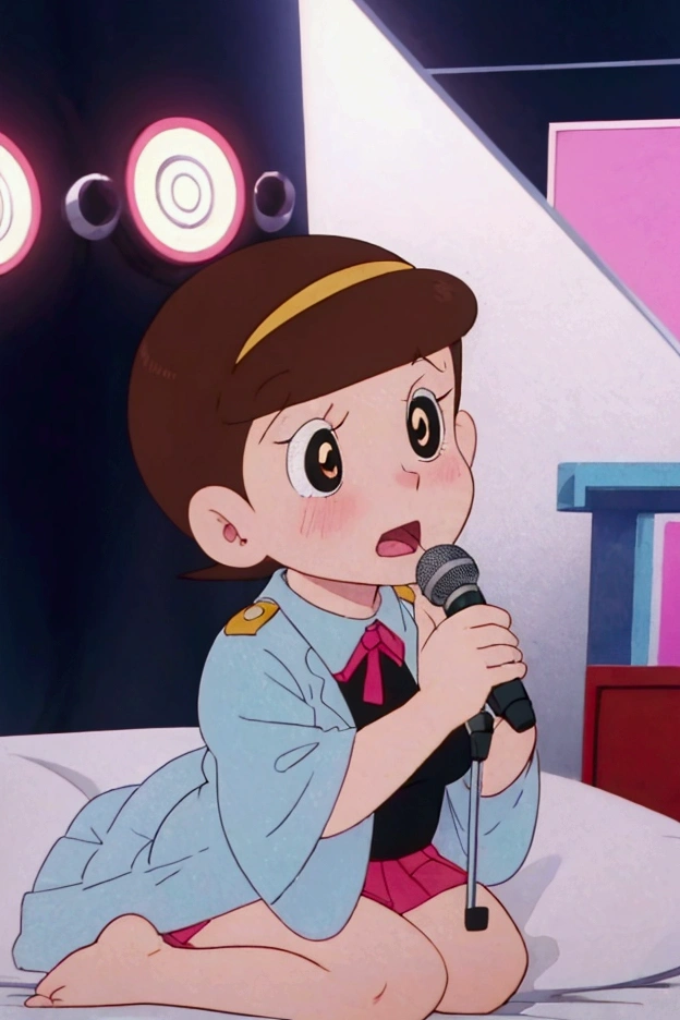 a beautiful idol girl hoshinosumire singing on stage, 1980s retro art style, 1990s style, detailed facial features, long eyelashes,cute expression, audience watching, best quality, 4K, 8k, highres, masterpiece, ultra-detailed, realistic, photorealistic, vivid colors, studio lighting, sharp focus, physically-based rendering, Full body images, Singing without a microphone,5 heads and a good figure, Make your breasts a little bigger,More expressions of sexual pleasure,Kneeling on the bed,Sexy clothes that expose the chest