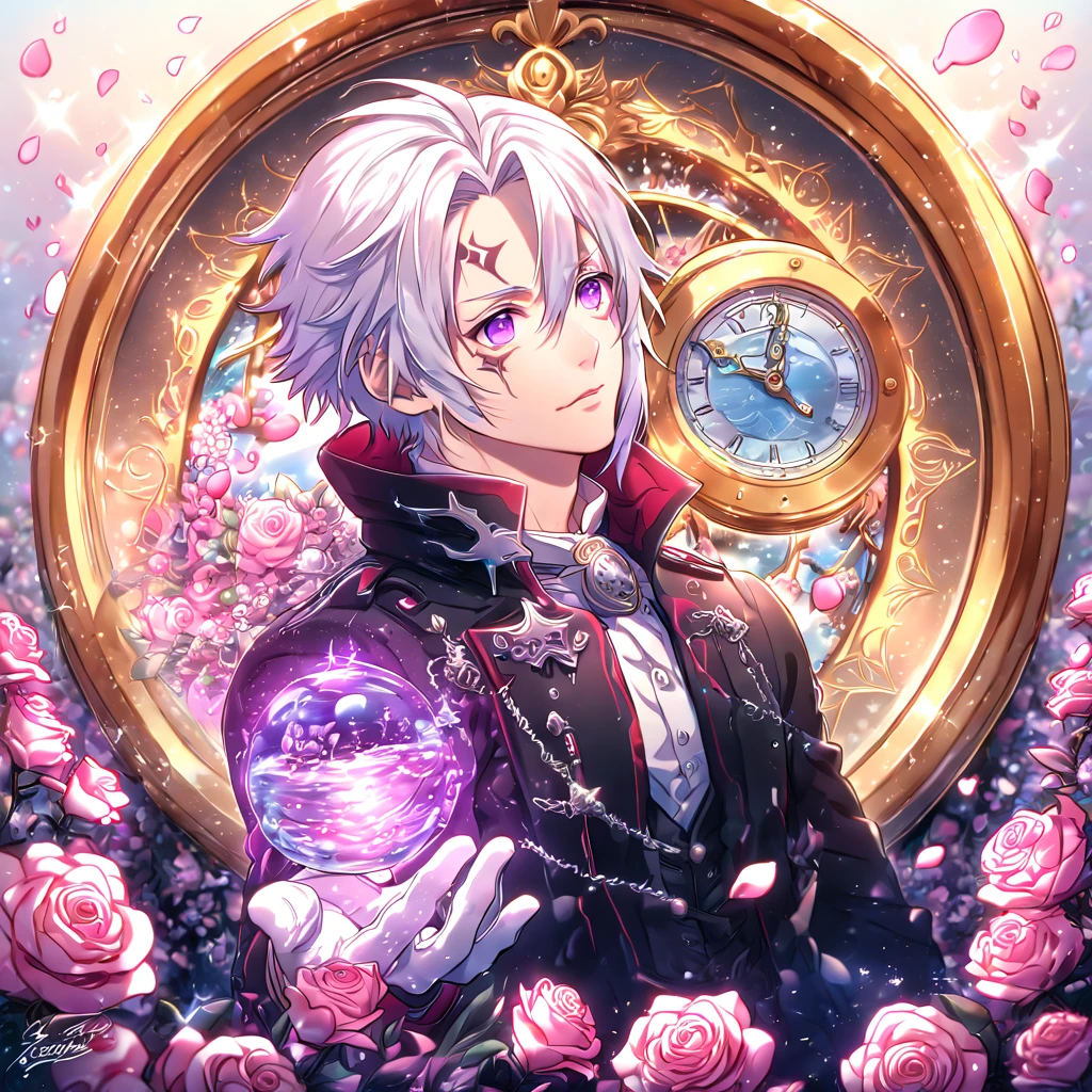 absurdres, highres, ultra detailed, HDR, masterpiece, extremely detailed, Allen Walker, white hair, expressive purple eyes, D.Gray-man, solo, sexy man, handsome, sensual, black coat, white gloves, water, magical, fantasy, glittering, shining, pink roses, blossoms, petals, in woderland, clock, manly man