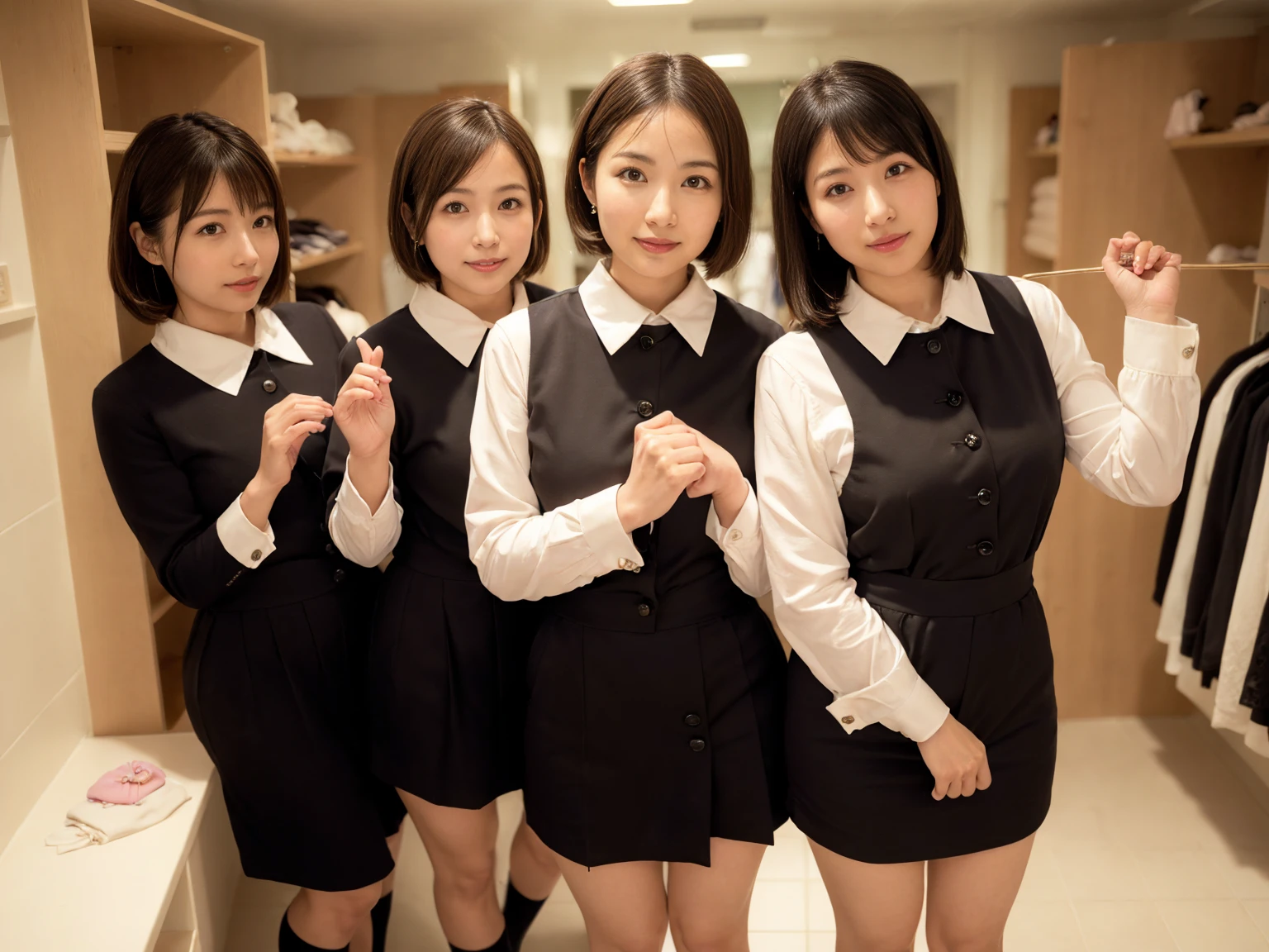masterpiece, Highest quality, figure, Very detailed, The finer details, High resolution, 8k,wallpaper, Perfect dynamic composition,(Detailed high quality, Realistic depiction of eyes:1.3), (Three Girls),(A tight-fitting waitress uniform with buttons on the collar and chest), Seraphim, Short Bob Hair, The background is an empty changing room, Deep in the field, Black hair color, Big Natural Color Lip, (Perfect figure), (smile)、Harajuku Style、日本の50 years oldの女性:1.4), Adorable expression、Expressions of happiness、50 years old、Beautiful feet, Idol Sculpture、(Changing clothes in the changing room:1.5)