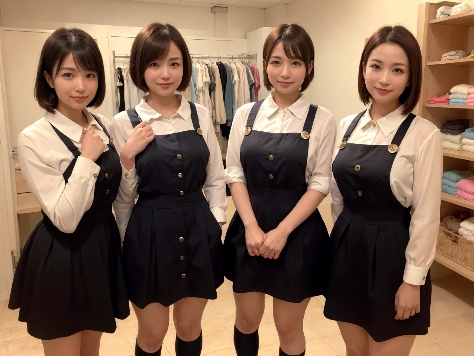 masterpiece, Highest quality, figure, Very detailed, The finer details, High resolution, 8k,wallpaper, Perfect dynamic composition,(Detailed high quality, Realistic depiction of eyes:1.3), (Three Mature Women),(A tight-fitting waitress uniform with buttons on the collar and chest), Seraphim, Short Bob Hair, The background is an empty changing room, Deep in the field, Black hair color, Big Natural Color Lip, (Perfect figure), (smile)、Harajuku Style、日本の50 years oldの女性:1.4), Adorable expression、Expressions of happiness、50 years old、Beautiful feet, Idol Sculpture、Fine lines all over the face、(Wrinkles around the eyes:1.3)、(wrinkles around the mouth:1.3)、Big Breasts、Erect nipples