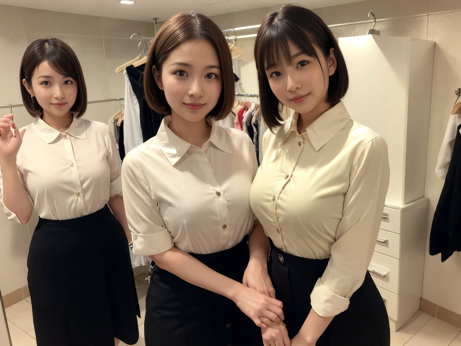 masterpiece, Highest quality, figure, Very detailed, The finer details, High resolution, 8k,wallpaper, Perfect dynamic composition,(Detailed high quality, Realistic depiction of eyes:1.3), (Three Girls),(A tight-fitting waitress uniform with buttons on the collar and chest), Seraphim, Short Bob Hair, The background is an empty changing room, Deep in the field, Black hair color, Big Natural Color Lip, (Perfect figure), (smile)、Harajuku Style、日本の50 years oldの女性:1.４), Adorable expression、Expressions of happiness、50 years old、Beautiful feet, Idol Sculpture、(Changing clothes in the changing room:1.5)