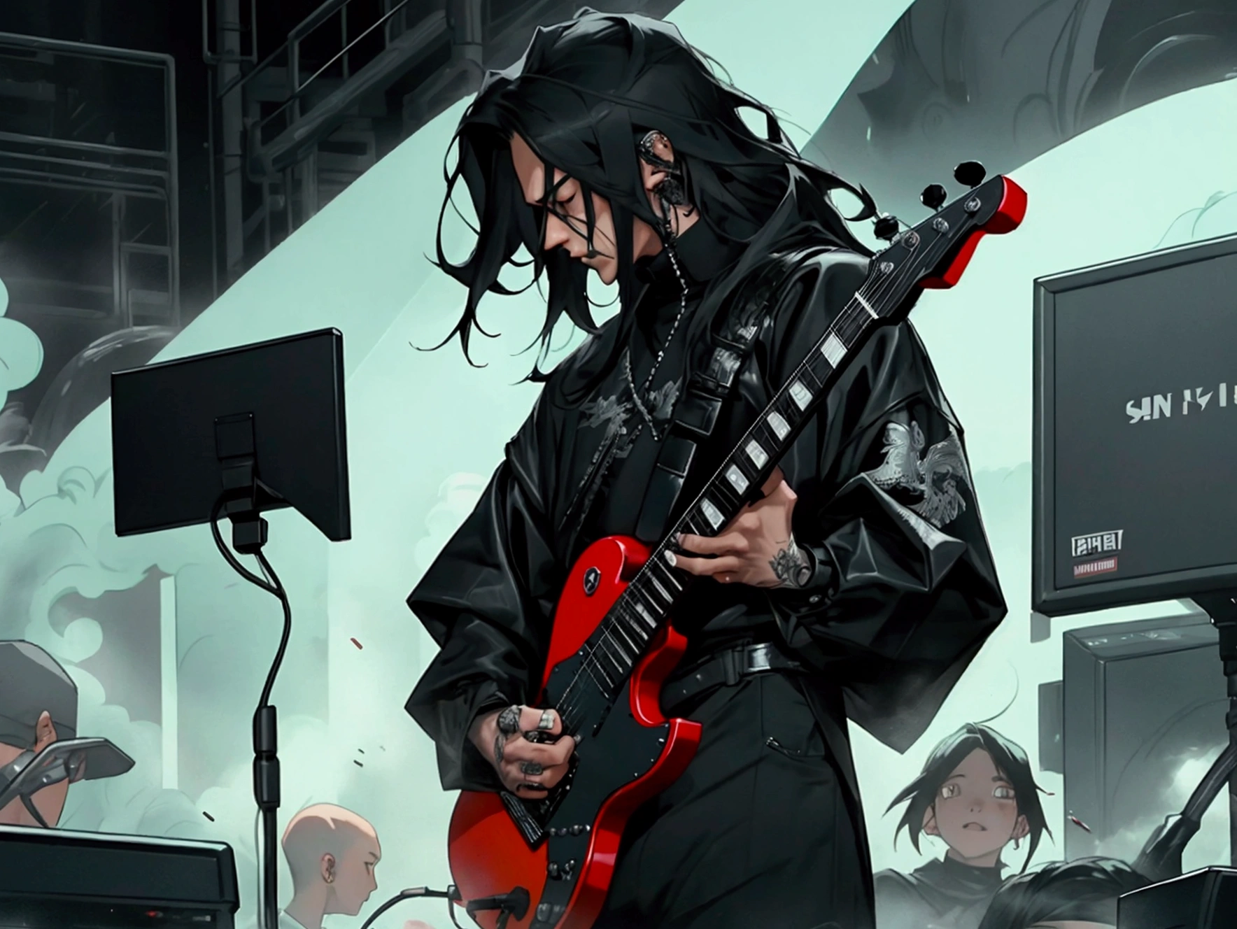 adult man, long black thick hair, black clothes, metalhead, bassist, concert