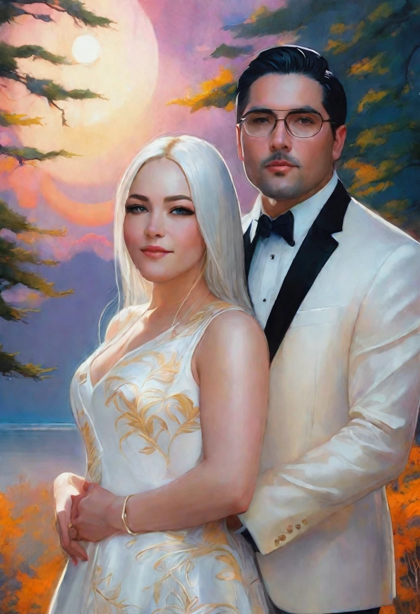 ((A couple in love)), ((woman with black hair wearing a white dress)), standing with ((a masculine man with short black hair, wearing a blue suit)) hair with lots of details, Artgerm style, inspired by Artgerm art, detailed portrait, stunning detailed face portrait, beautiful waist up portrait, Artgerm style painting, ((night sky in the forest with crescent moon background))
