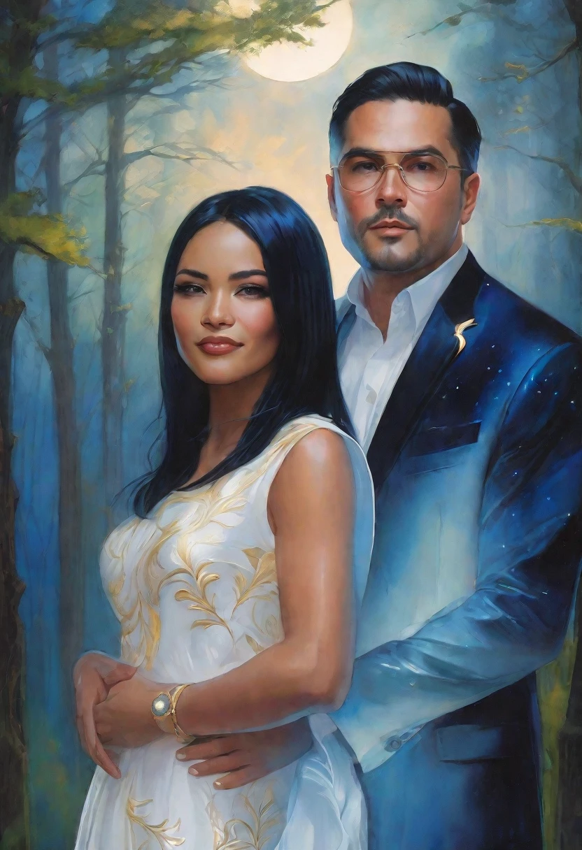 ((A couple in love)), ((woman with black hair wearing a white dress)), standing with ((a masculine man with short black hair, wearing a blue suit)) hair with lots of details, Artgerm style, inspired by Artgerm art, detailed portrait, stunning detailed face portrait, beautiful waist up portrait, Artgerm style painting, ((night sky in the forest with crescent moon background))