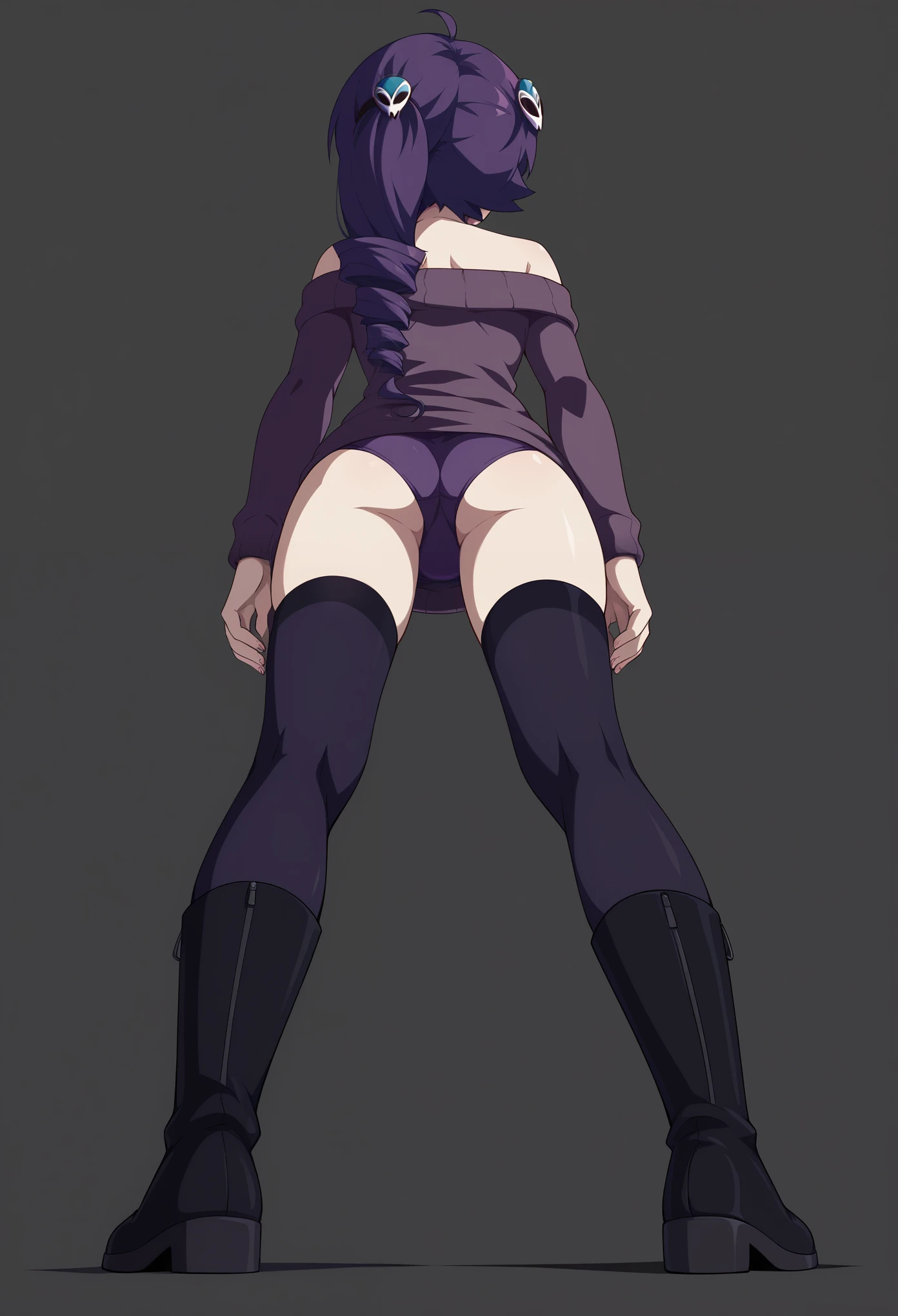 1girl, zonetan, drill hair, long hair, purple hair, skull hair ornament, ahoge, blue eyes, off-shoulder sweater, (black hip-high stockings), boots, standing, grin, (viewed from below), (viewed from behind), (back view), (behind view), (ass focus), (purple panties), (hand on hip), (seductive stare), (looking at viewer), (full body), (simple background)